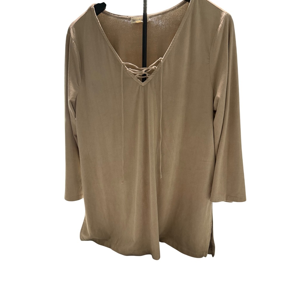 Love on a Hanger Tan Faux Suede Lace Up V-Neck Tunic Top Large J5672CADV - Picture 6 of 10